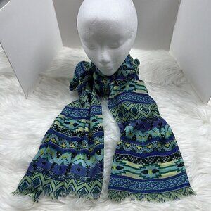 Copper Key Aztec Pattered Fringe Scarf 72" Lx 20 1/2" W Sheer Womens Teal Green